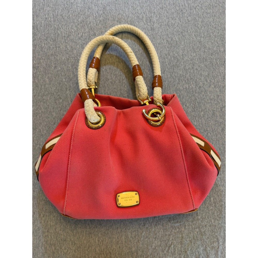 Michael Kors Coral Pink Canvas Rope Handle Tote Bag Gold Hardware Shoulder Bag